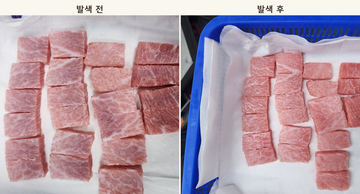 발색 전후 비교 — 산소와 결합하기 전과 후의 참치 색 변화